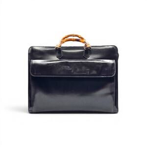 Gucci Vintage Bamboo Top-Handle Briefcase Attache Black Patent Leather